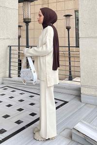 Ecru Choker Neck Long Arm Without Accessories Knitwear Regular Trousers Comfortable Suit