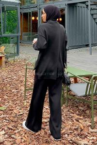 Black Choker Neck Long Arm Without Accessories Knitwear Regular Trousers Comfortable Suit