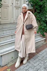 Beige V Neck Balloon Sleeve Arm Stamp Fabric Coat