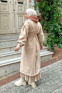 Beige V Neck Balloon Sleeve Arm Stamp Fabric Coat