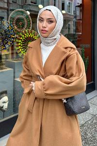 Camel V Neck Balloon Sleeve Arm Stamp Fabric Coat