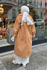 Camel V Neck Balloon Sleeve Arm Stamp Fabric Coat
