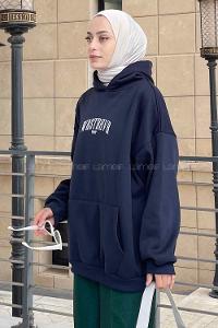 Navy Blue Hood Neck Long Arm Printed Sweatshirt