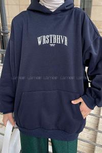 Navy Blue Hood Neck Long Arm Printed Sweatshirt