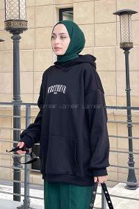 Black Hood Neck Long Arm Printed Sweatshirt