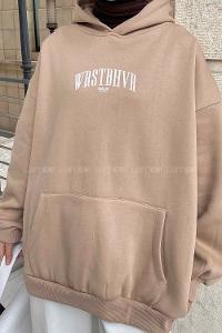 Brown With Milk Hood Neck Long Arm Printed Sweatshirt