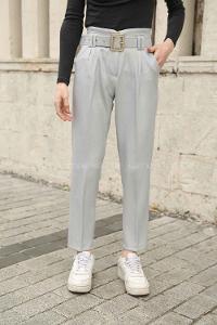 Modalamelif Gold Kemerli Keten Pantolon Gri