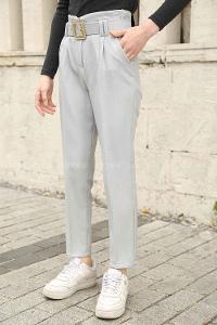 Modalamelif Gold Kemerli Keten Pantolon Gri