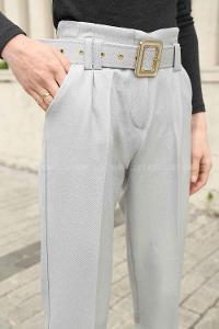 Modalamelif Gold Kemerli Keten Pantolon Gri