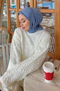 Lamelif F Desen Jakar Eşarp Kot Mavisi