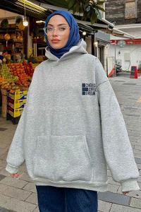 Gray Hood Neck Long Arm Printed Sweatshirt