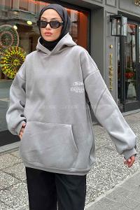 Anthracite Hood Neck Long Arm Printed Sweatshirt