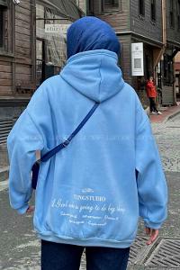 Baby Blue Hood Neck Long Arm Printed Sweatshirt