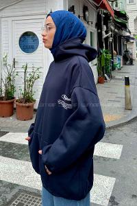 Navy Blue Hood Neck Long Arm Printed Sweatshirt