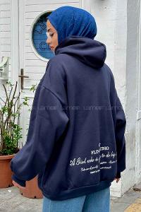 Navy Blue Hood Neck Long Arm Printed Sweatshirt