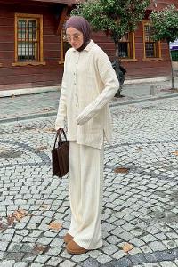 Ecru Shirt Collar Long Arm Without Accessories Knitwear Regular Trousers Comfortable Suit