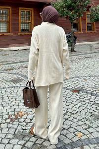 Ecru Shirt Collar Long Arm Without Accessories Knitwear Regular Trousers Comfortable Suit