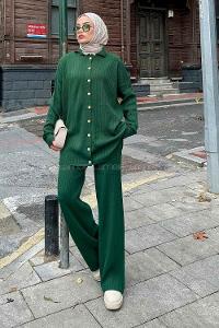 Lamelif  Polo Yaka Düğmeli Tesettür Takım Zümrüt