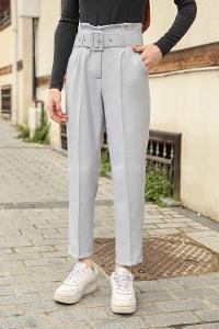 Modalamelif Kaplama Kemerli Pantolon Gri