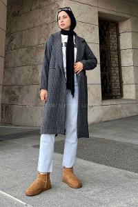 Lamelif Kruvaze Yaka Çizgili Kaban Antrasit