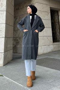 Lamelif Kruvaze Yaka Çizgili Kaban Antrasit