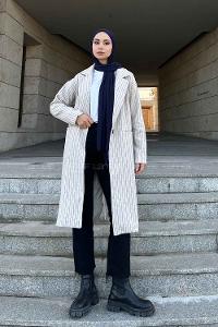 Lamelif Kruvaze Yaka Çizgili Kaban Bej