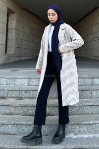 Lamelif Kruvaze Yaka Çizgili Kaban Bej