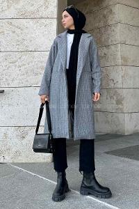 Lamelif Kruvaze Yaka Çizgili Kaban Gri