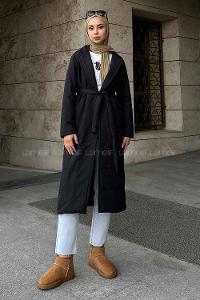 Lamelif Kuşak Bağlamalı Mont Siyah