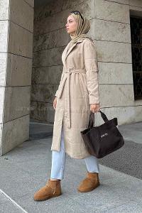 Lamelif Kuşak Bağlamalı Mont Vizonrengi