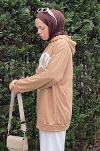 Lamelif Brooklyn Baskı Detaylı Kapüşonlu Sweatshirt Camel