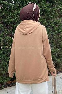 Lamelif Brooklyn Baskı Detaylı Kapüşonlu Sweatshirt Camel