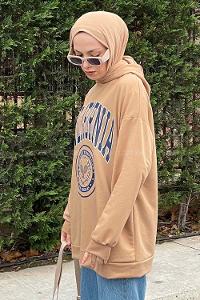 Lamelif California Baskı Detaylı Kapüşonlu Sweatshirt Camel