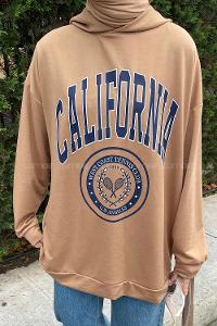 Lamelif California Baskı Detaylı Kapüşonlu Sweatshirt Camel