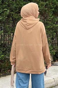 Lamelif California Baskı Detaylı Kapüşonlu Sweatshirt Camel