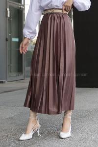 Lamelif Deri Görünümlü Etek Gül Rengi