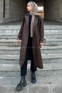 Lamelif Kuşak Bağlmalı Deri Mont Acı Kahve