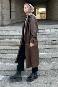 Lamelif Kuşak Bağlmalı Deri Mont Acı Kahve