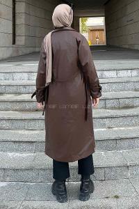 Lamelif Kuşak Bağlmalı Deri Mont Acı Kahve