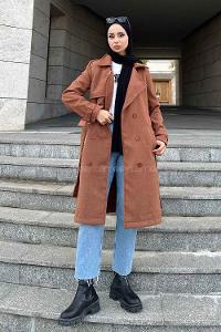 Lamelif Uzun Kaşe Kaban Kahve