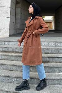 Lamelif Uzun Kaşe Kaban Kahve