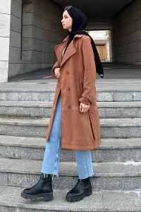 Lamelif Uzun Kaşe Kaban Kahve