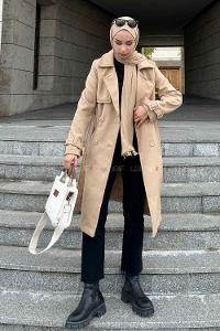 Cream Scoop Neck Long Arm Stamp Fabric Coat