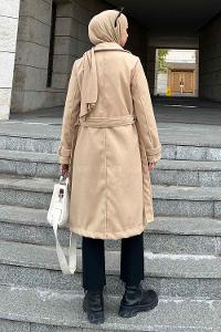 Cream Scoop Neck Long Arm Stamp Fabric Coat