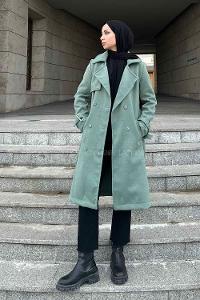 Lamelif Uzun Kaşe Kaban Yeşil