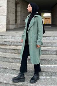 Lamelif Uzun Kaşe Kaban Yeşil