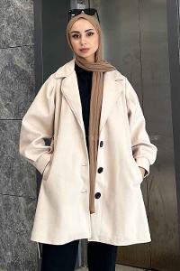 Ecru Medium V Neck Long Arm Stamp Fabric Coat