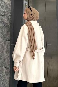 Ecru Medium V Neck Long Arm Stamp Fabric Coat