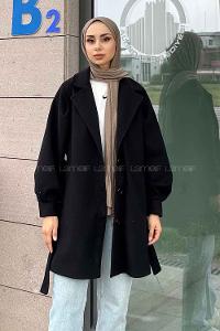 Black Medium V Neck Long Arm Stamp Fabric Coat
