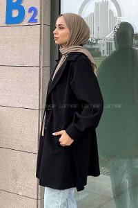 Black Medium V Neck Long Arm Stamp Fabric Coat